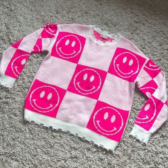 Altar’d State oversized Pink Happy Face Sweater Women’s Small - Picture 1 of 13